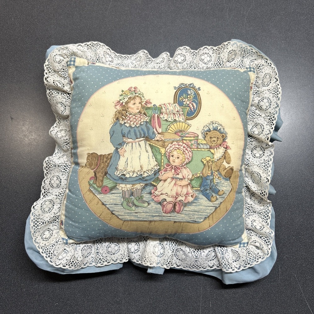 Stuffed Fabric Picture Throw Pillow Lace Trim Dolls Teddy Bear 90s Country Decor